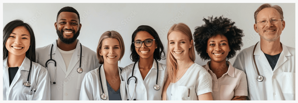 A diverse group of clinicians smiling together