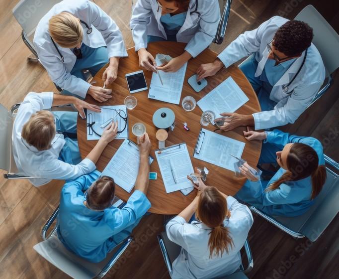 Clinicians reviewing information together during a collaboration meeting